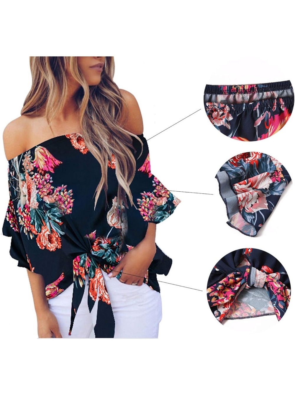 Floral Off-Shoulder Tie Front Top - Navy